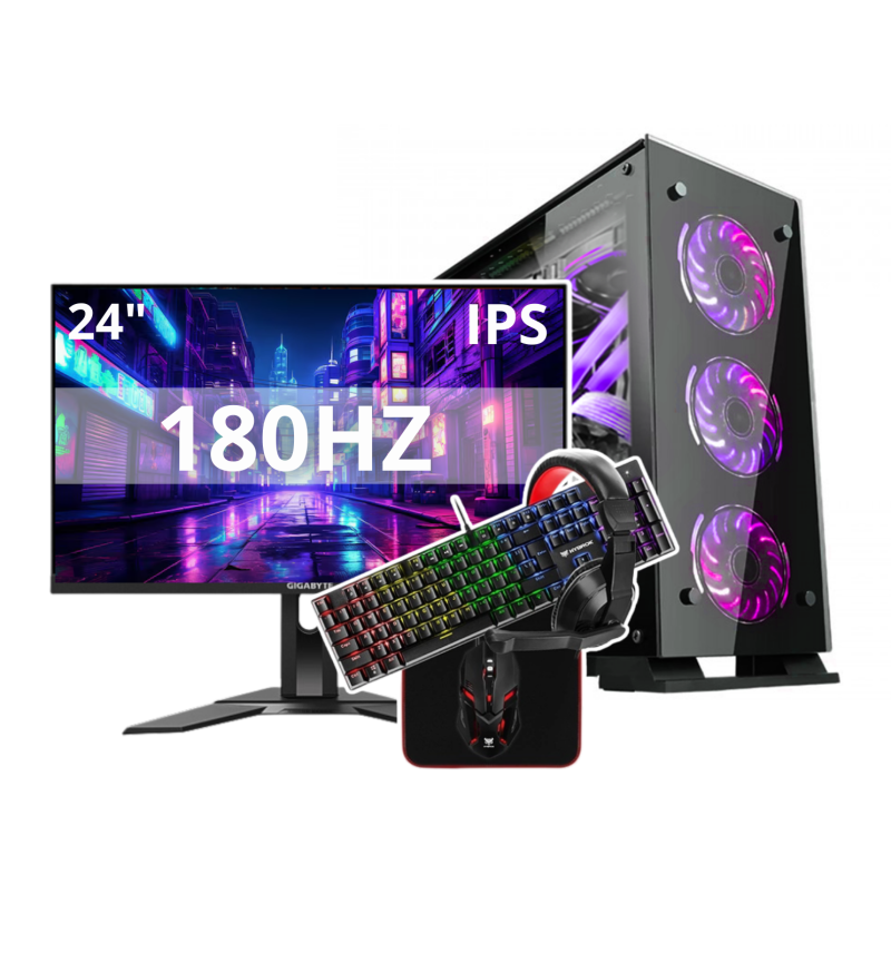 SETUP COMPLET CONFIG PC HYBROK SHADOW ARGB AMD Ryzen 5 3600 RTX 3050 6GB / 16GB 500GB SSD PSU 550W + MONITEUR Gigabyte G24F 2 180HZ OC + PACK GAMER Hybrok HPG200